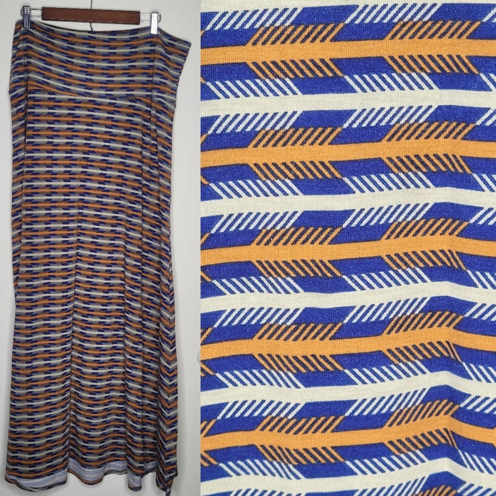 LuLaRoe Sz 2XL Yellow Navy Blue Cream Arrows Stretchy A Line Maxi Skirt Tribal